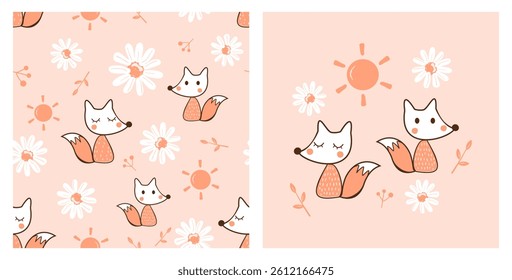 Seamless pattern with fox cartoons, daisy flower, sun and branch on orange background vector.