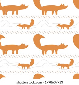 seamless pattern with fox. for decorating children's clothes, wrapping paper, kitchen towels. printing on fabric. children's drawing, doodle, ornament. cartoon, Orange. korean style. vector eps 10. 