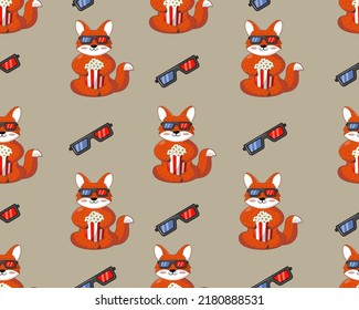 
Seamless pattern fox eating popcorn. Vector illustration.