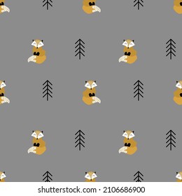 Seamless pattern with fox and fir tree. Cute woodland animal on gray background. Vector illustration.