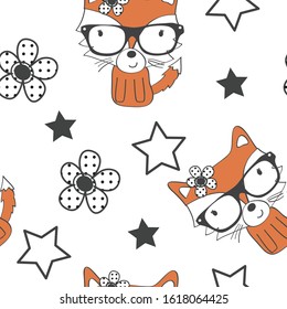 seamless pattern with fox, flower and star vector illustration, cute fox with glasses, wallpaper, cloth design, fabric, paper, wrapping, textile