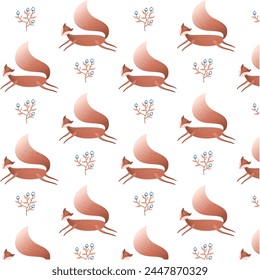 Seamless pattern with fox and flowers. Cute foxes and berries on white background. Texture with wild animals