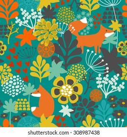 Seamless pattern with fox in the flowers of the forest. Vector repeated background.