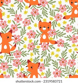 Seamless pattern with fox and flowers on light background. Vector Illustration in cartoon style for kids. Perfect for wallpaper textile or wrapping paper.