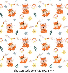 seamless pattern with fox flowers rainbaw for children