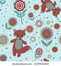 Seamless pattern with fox and flowers.  Vector file with a pattern