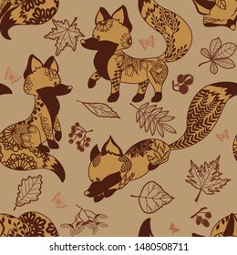 seamless pattern with fox and foliage, yagada, chestnut, acorn,. background.