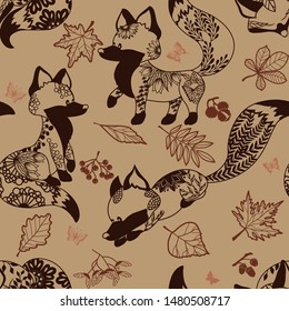 seamless pattern with fox and foliage, yagada, chestnut, acorn,. background.
