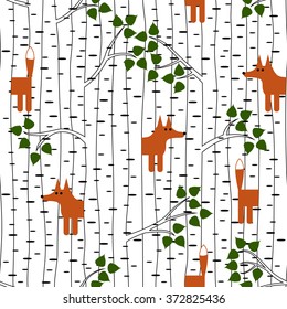 Seamless pattern with fox in forest
