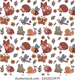 Padrão contínuo com raposa, rã, caracol, abelha, joaninha, borboleta e folhas de outono sobre branco. Design bonito da vida selvagem da floresta para crianças
