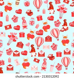 Seamless pattern with fox, gnomes, hearts and love elements. Vector texture illustration for valentine's day and other holidays for postcard, textile, decor, paper, texture, wrapping.
