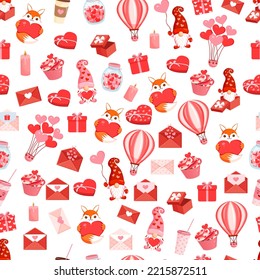 Seamless pattern with fox, gnomes, hearts and love elements. Vector texture illustration for valentine's day and other holidays for postcard, textile, decor, paper, texture, wrapping.