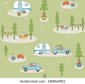 Seamless pattern of fox going on camping in the forest, in green blue and orange, graphic, geometric, abstract, minimal, retro, vintage, sweet happy kids background illustration in vector
