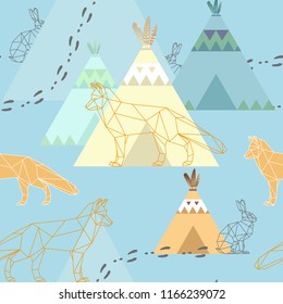 Seamless pattern with a fox and a hare. Vector illustration with polygonal geometry.
