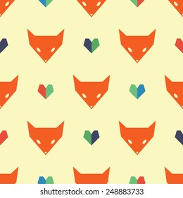 Seamless pattern with fox and heart.  Cute vector background. Baby shower design.