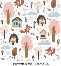 Seamless pattern with fox, hedgehogs, autumn leaves and trees. Vector illustrations