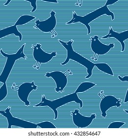 Seamless pattern with fox and hen in striped background. Monochrome color scheme.
