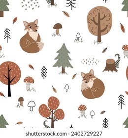 Seamless pattern with fox, leaves and mushrooms on a white background for children's textiles, scrapbooking paper, cards.