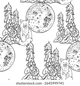Seamless pattern with fox and moon among snowy pine trees hand drawn black white outline vector. Monochrome sketch winter forest repeated background for Christmas prints and woodland themed decor.