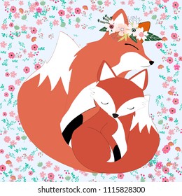 Seamless pattern fox mother and kid in flower pattern