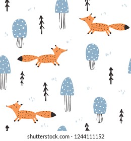 Seamless pattern with fox and mushrooms. Cute kids print. Vector hand drawn illustration.