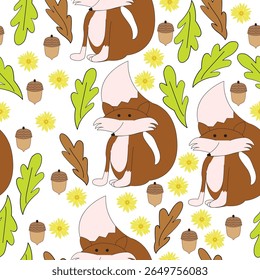 Padrão sem costura com raposa e elementos naturais folhas, flores e bolota para imprimir em sacos atuais; têxtil