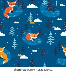 seamless pattern with fox in new year forest. vector, illustration.