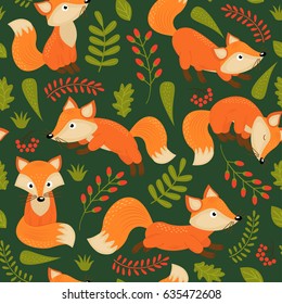 seamless pattern fox on green background  - vector illustration, eps
