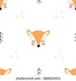 Seamless pattern with a Fox on a white background. Vector illustration in a modern cartoon style, for printing on packaging paper, postcard, poster, banner, clothing. Cute children's background. 