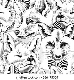 Seamless pattern with a fox portrait in tie. Vector illustration.