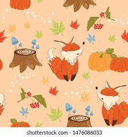 seamless pattern with fox and pumpkin in autumn_forest. Vector, illustration.