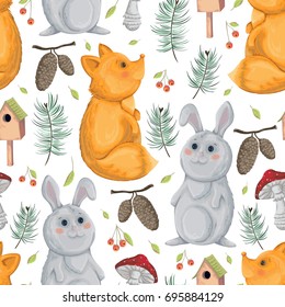 Seamless pattern with fox, rabbit, birdhouse, fly-agaric, spurse cones and berries. Cute cartoon characters. Hand drawn vector illustration in watercolor style