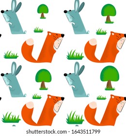 Seamless pattern with fox and rabbit of forest in cartoon style, on white background- vector illustration, eps
