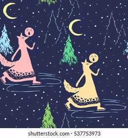 Seamless pattern with fox skating and small round loaf named Kolobok singing on her nose. Characters of Russian fairy tale. Moon is shining and the snow is falling on the fir. Nordic design.