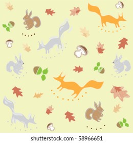 Seamless pattern with fox, squirrel,leafs, nuts and mushrooms