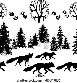 Seamless pattern with fox and trees