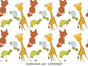 Seamless pattern with fox, turles and giraffe. Vector kids illustartion in cartoon style.