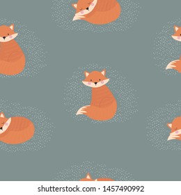 Seamless pattern with Fox. Vector illustration for printing on a postcard, in books, fabric, clothes, dishes, Wallpaper. Cute baby background.