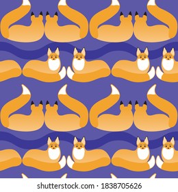 Seamless pattern with a fox. Vector stock illustration for design. Flat endless pattern. Fox lies, baby texture for printing. Seamless pattern with animal, fox like wallpaper