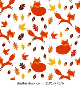 Seamless pattern with foxes, acorns, leaves, Vector illustration.