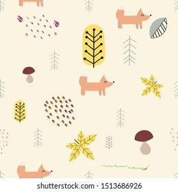 Seamless pattern with foxes and autumn forest in Scandinavian style. Vector Illustration. Kids illustration for nursery scandi design. Great for baby clothes, greeting card, wrapping paper.