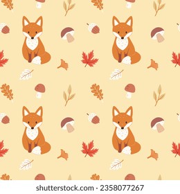Seamless pattern with foxes autumn forest plants leaves. Cute vector illustration for kids textiles, design