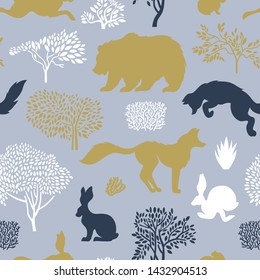 Seamless pattern with foxes, bear, hares, mouse, trees and bushes. Design surfaces with flora and fauna. Background with forest and forest dwellers mammals. Vector illustration.