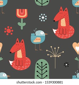 Seamless pattern with foxes and birds in Scandinavian style. Vector Illustration. Kids illustration for nursery scandi design. Great for baby clothes, greeting card, wrapping paper.