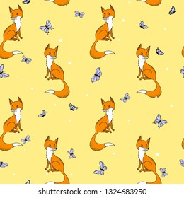 Seamless pattern with foxes and butterfly