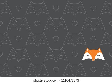Seamless pattern with foxes cartoon heads and hearts. Dark gray background. Wrapping design.
