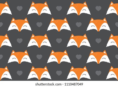 Seamless pattern with foxes cartoon heads and hearts. Dark gray background. Wrapping design.