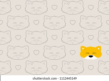 Seamless pattern with foxes cartoon heads and hearts. Cream color background. Wrapping design.