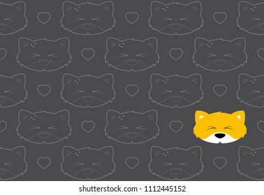 Seamless pattern with foxes cartoon heads and hearts. Gray color background. Wrapping design.