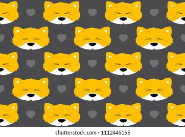 Seamless pattern with foxes cartoon heads and hearts. Gray color background. Wrapping design.